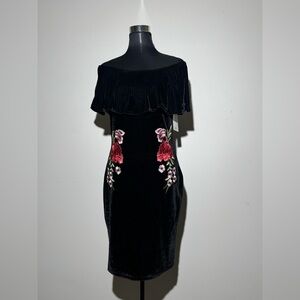 Lavish Black Dress with Red Floral Embroidery